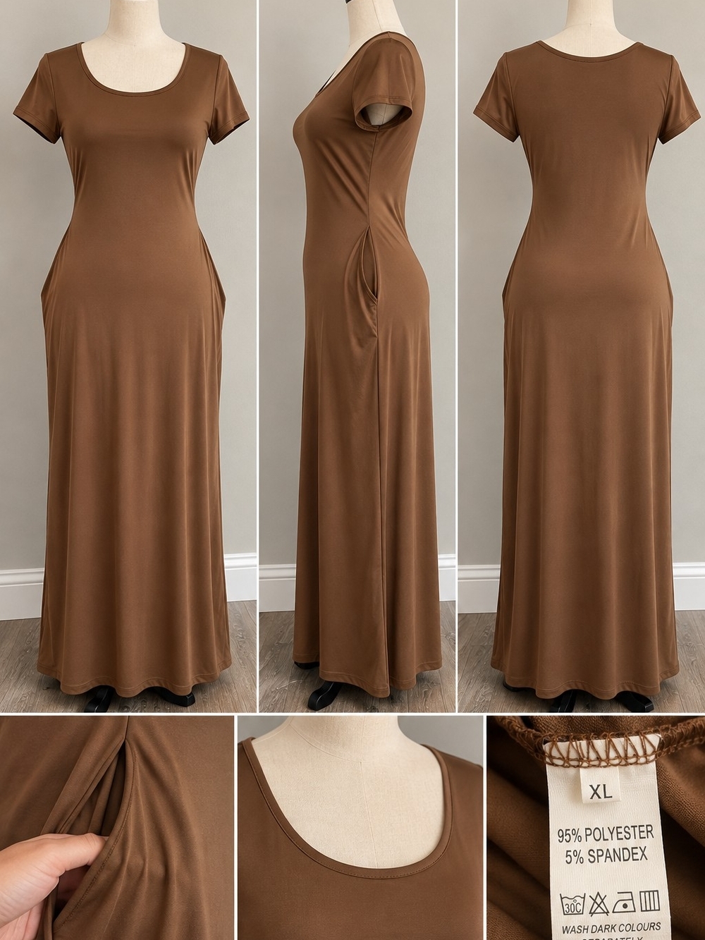 SHEIN Brown Scoop-Neck Short Sleeve Maxi Dress